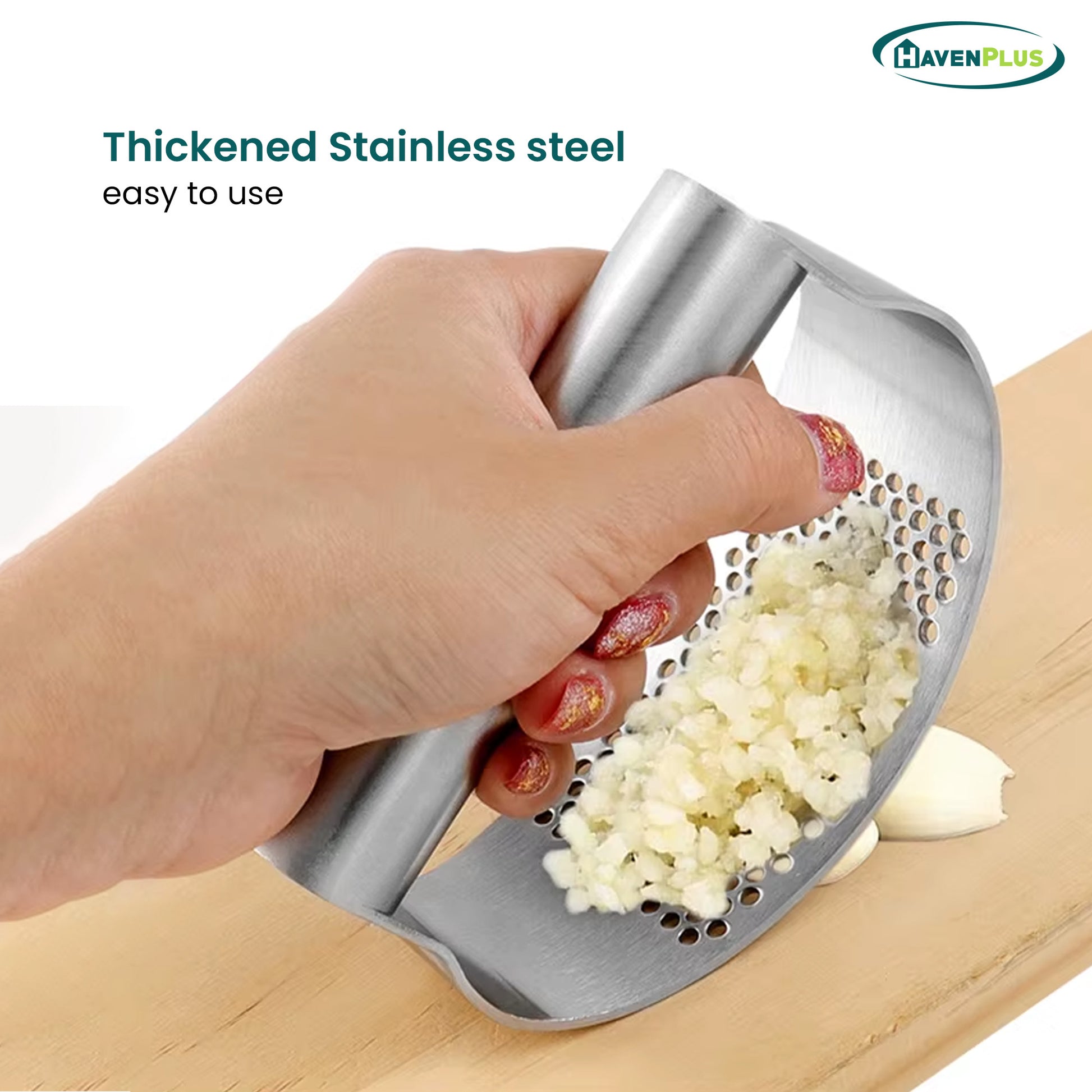 HavenPlus Garlic Press – Stainless Steel Crusher