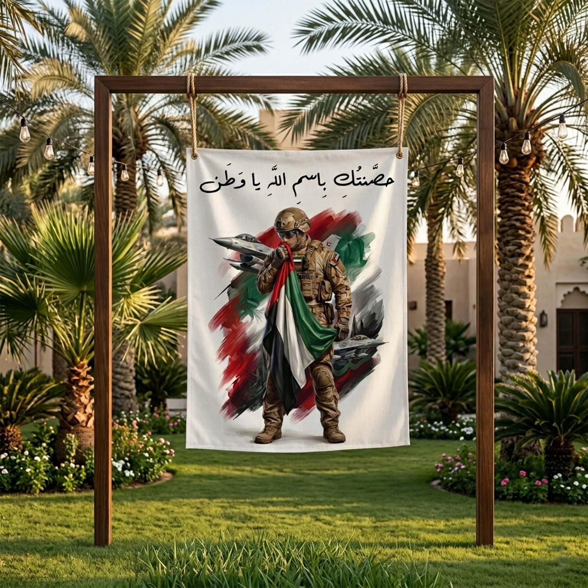 UAE Outdoor Fabric Banner (1m x 1.2m) – Hanging Flag | حَصَّنتُكِ بِاسمِ اللَّهِ يا وَطَن