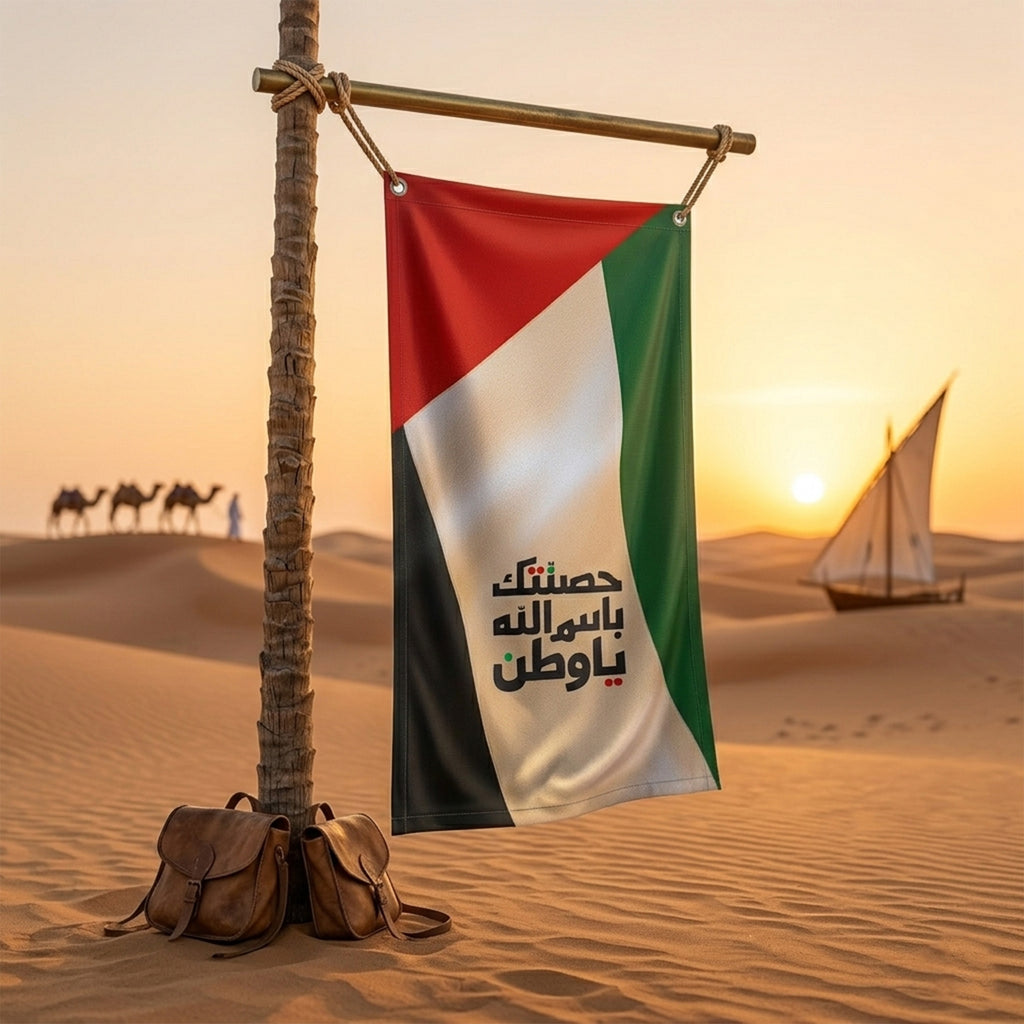 UAE Outdoor Fabric Banner (1m x 1.2m) – Hanging Flag | حَصَّنتُكِ بِاسمِ اللَّهِ يا وَطَن