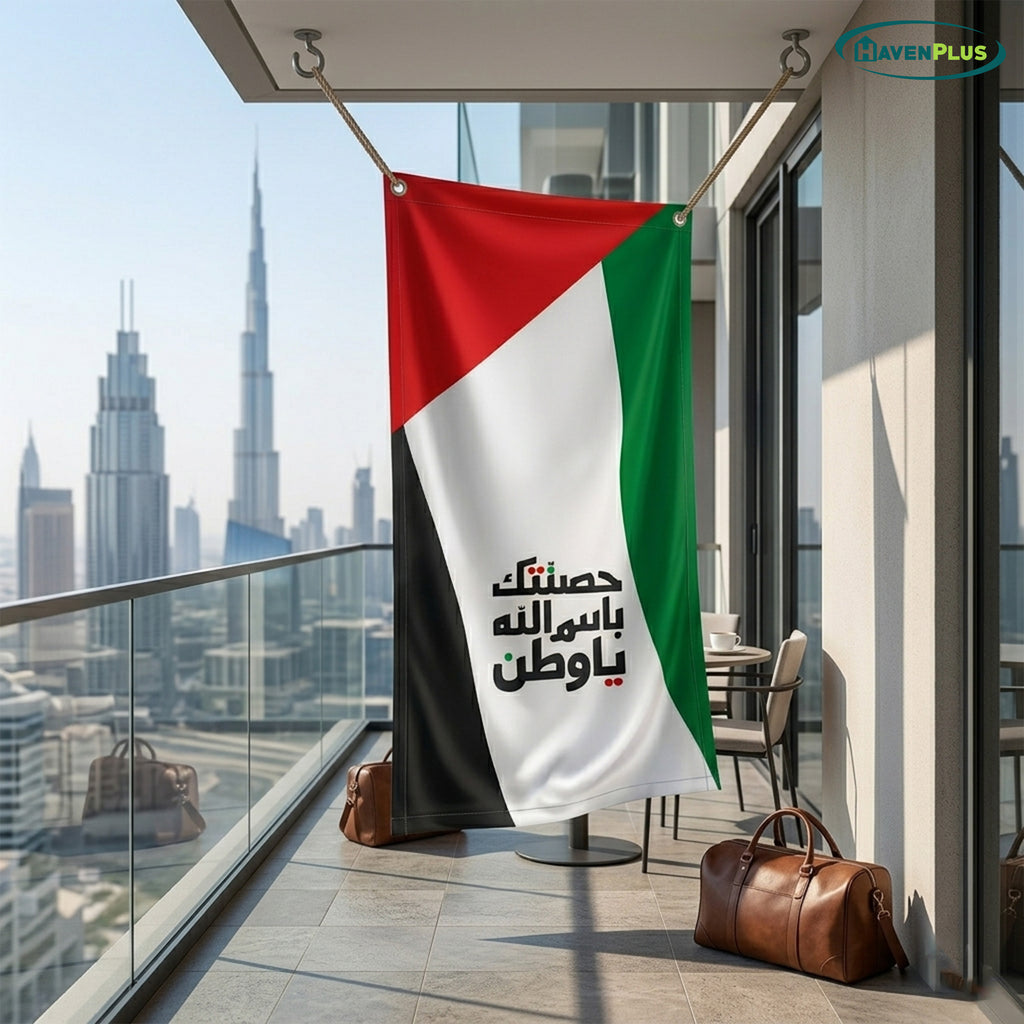 UAE Outdoor Fabric Banner (1m x 1.2m) – Hanging Flag | حَصَّنتُكِ بِاسمِ اللَّهِ يا وَطَن