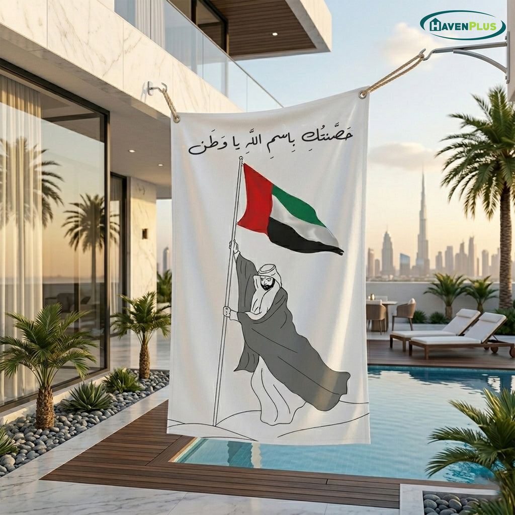 UAE Outdoor Fabric Banner (1m x 1.2m) – Hanging Flag | حَصَّنتُكِ بِاسمِ اللَّهِ يا وَطَن