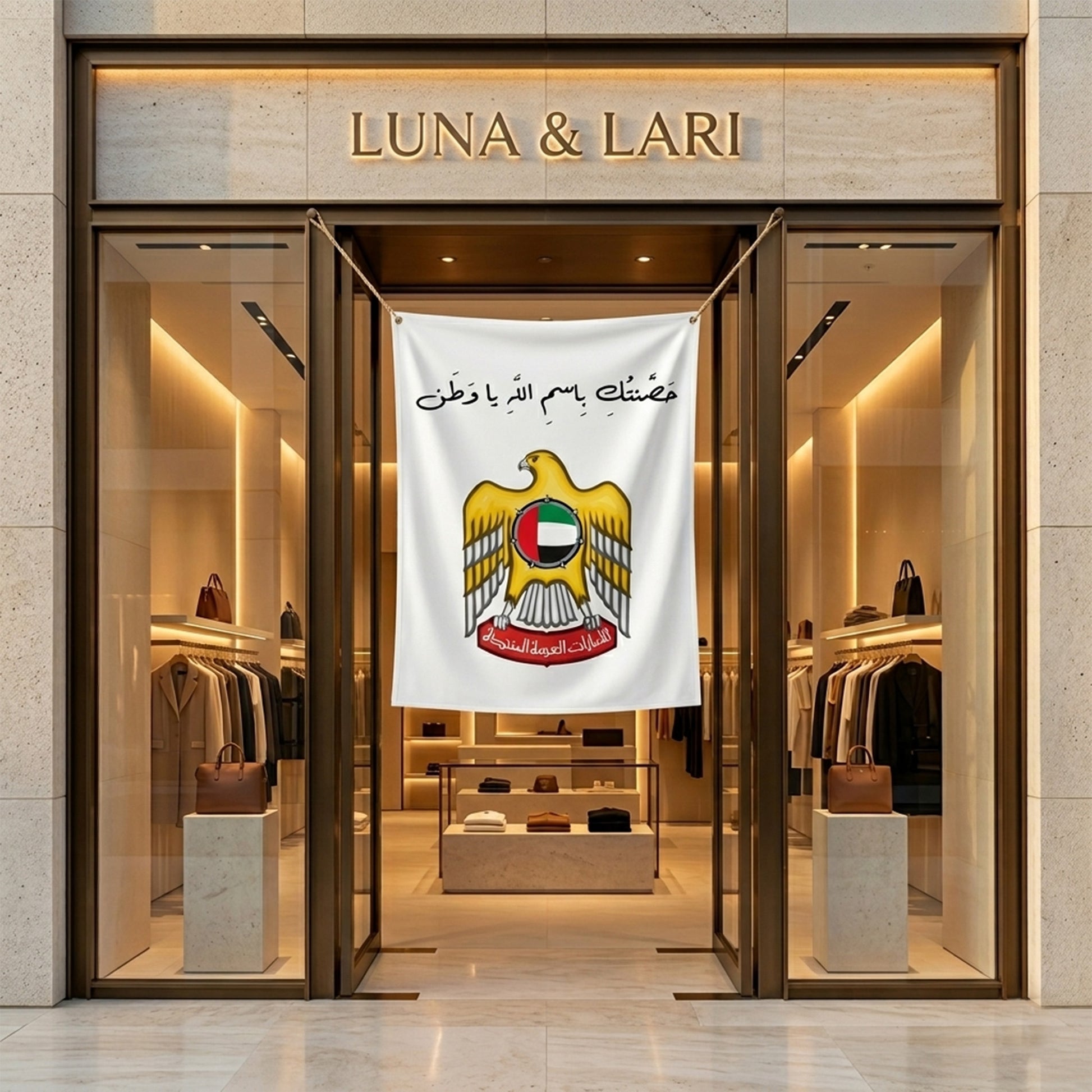 UAE Outdoor Fabric Banner (1m x 1.2m) – Hanging Flag | حَصَّنتُكِ بِاسمِ اللَّهِ يا وَطَن