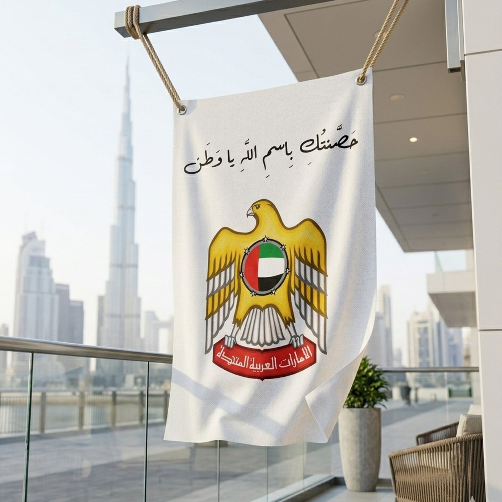 UAE Outdoor Fabric Banner (1m x 1.2m) – Hanging Flag | حَصَّنتُكِ بِاسمِ اللَّهِ يا وَطَن