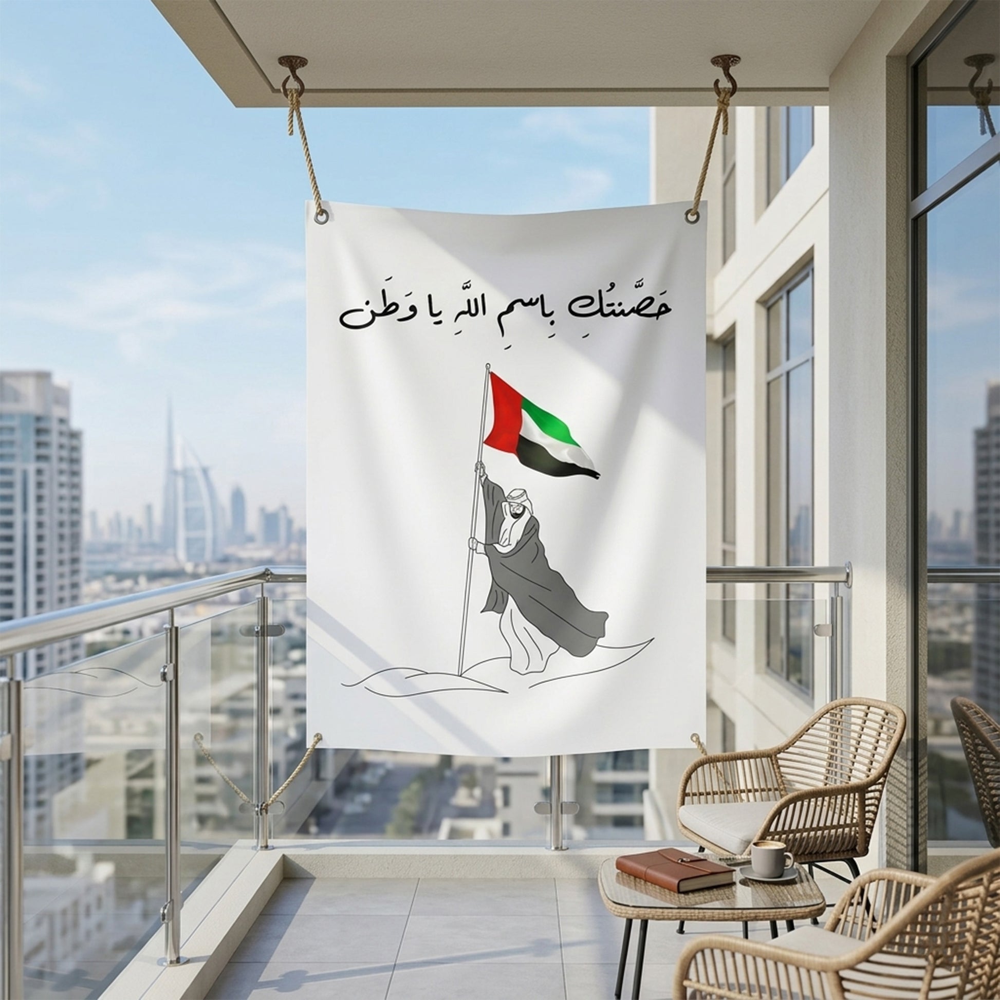 UAE Outdoor Fabric Banner (1m x 1.2m) – Hanging Flag | حَصَّنتُكِ بِاسمِ اللَّهِ يا وَطَن